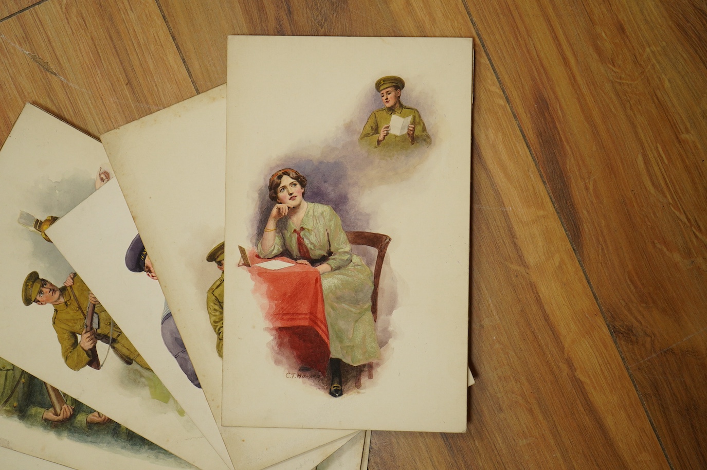 Charles Thomas Howard (1865–1942), eight original WWI watercolours for patriotic postcard designs to include ‘Soldiers of the Allied Nations’ and ‘Britannia and Solider’ unframed, some signed, 17 x 25cm. Condition - fair